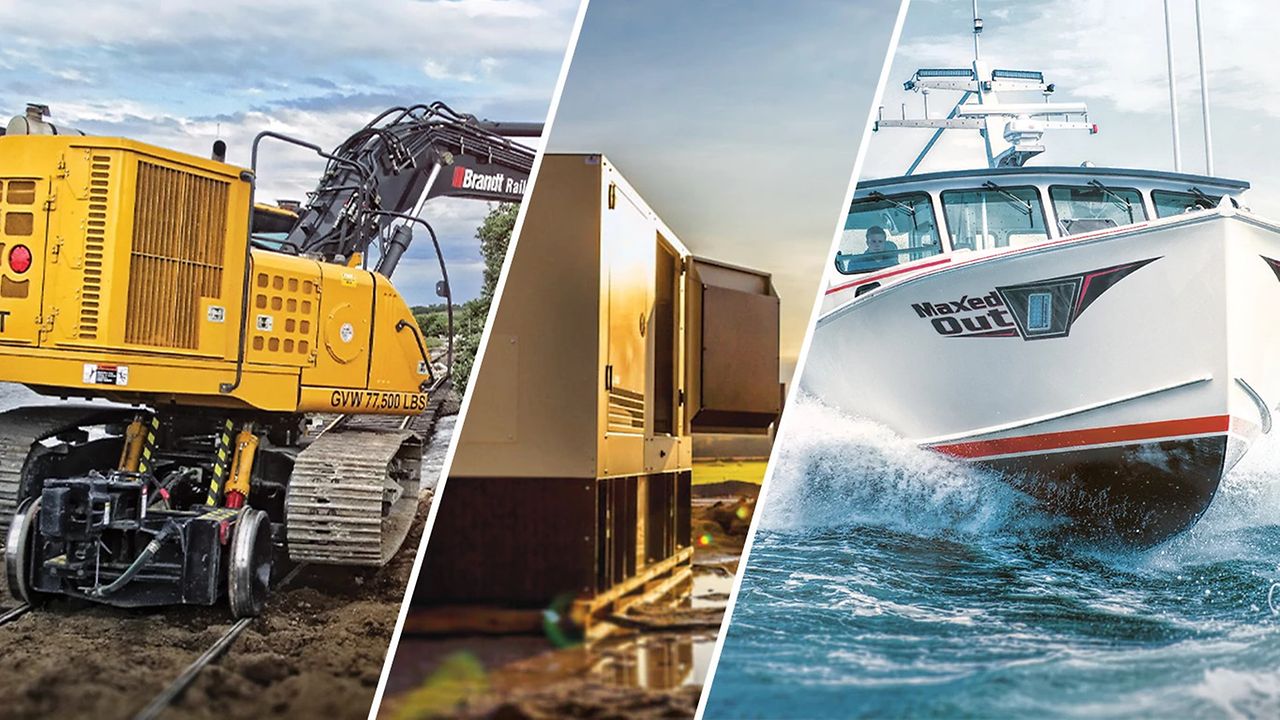 Drei Tafeln: gelbes Baufahrzeug, Industriegenerator und weißes Boot auf Wasser.