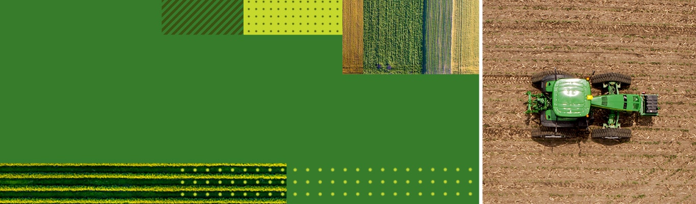 Eine Collage von verschiedenen Feldern, von oben fotografiert, mit einem John Deere Traktor auf der rechten Seite