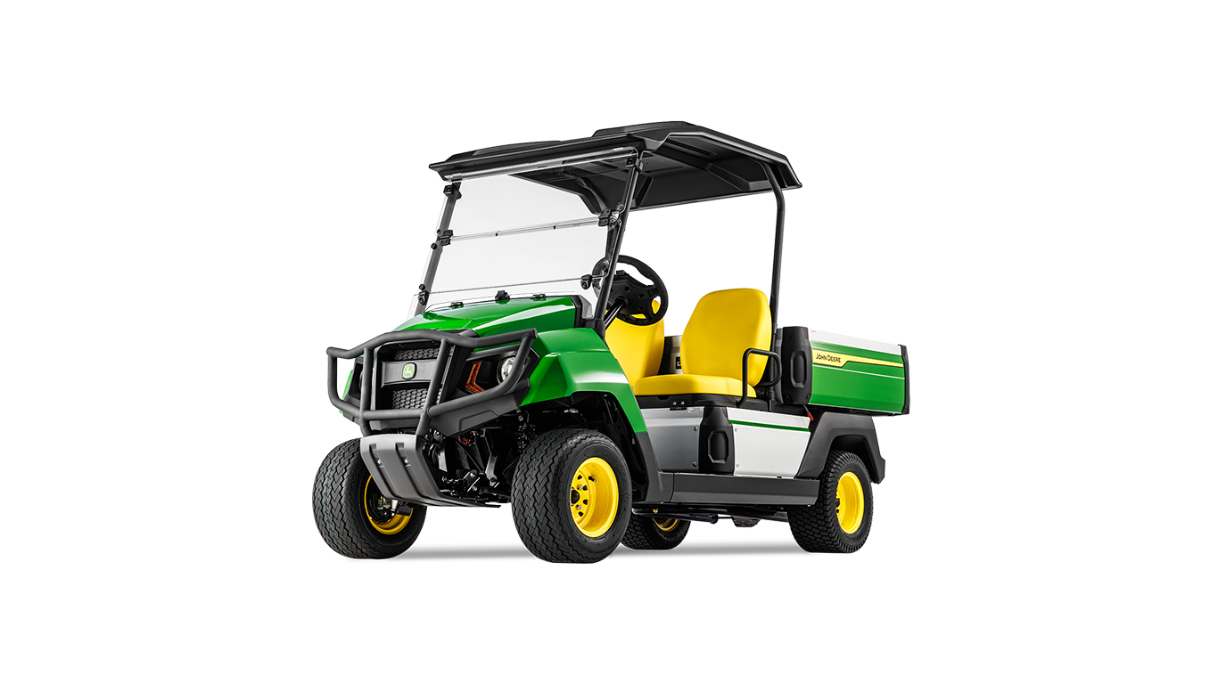 Frontansicht in schräger Perspektive eines John Deere Gator GS Electric Modells mit Fokus auf Kühlergrill, Scheinwerfer und gelbe Sitze.