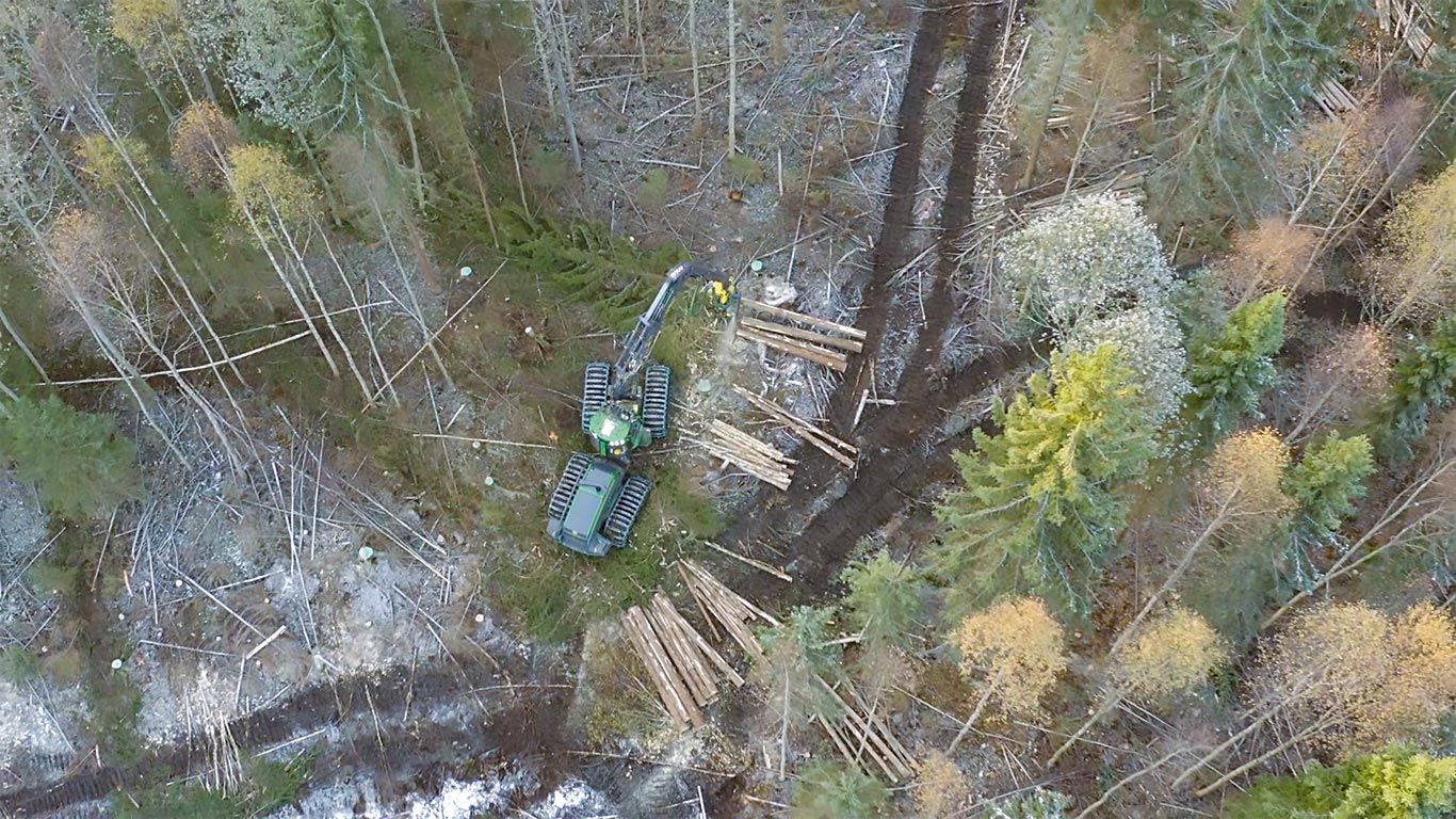 Rad-Harvester bei der Arbeit im Wald von oben gesehen