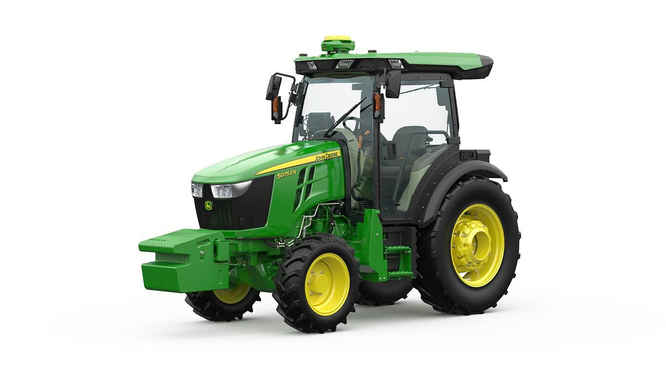 John Deere 5075EN Traktor in Grün und Gelb, Vorderansicht mit kompakter Bauweise und robusten Reifen.